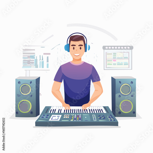 Smiling Music Producer Playing Keyboard in Studio