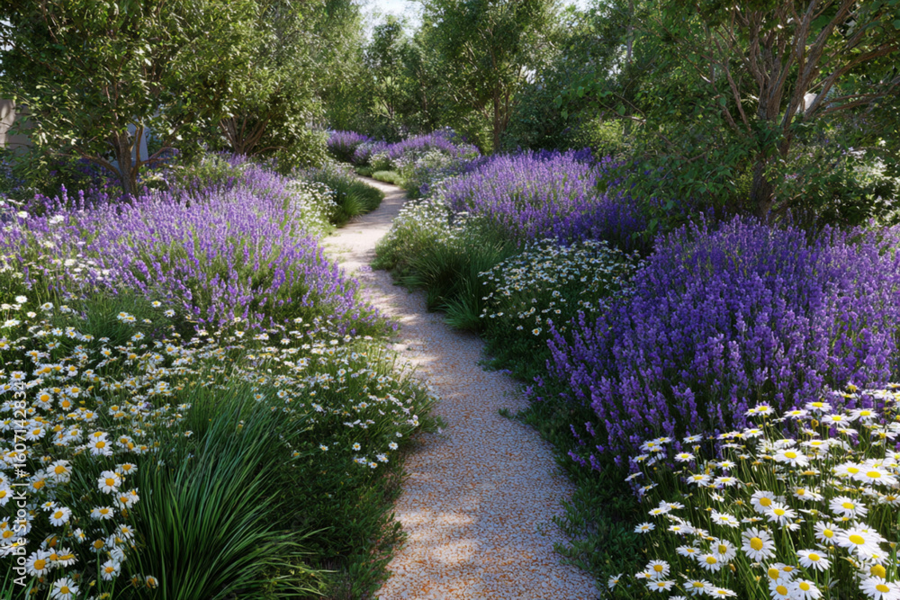 Obraz premium Beautiful winding path through vibrant lavender and daisy garden in the afternoon sunlight surrounded by greenery