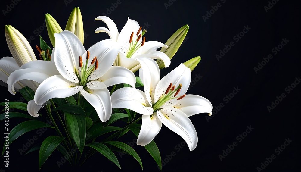Naklejka premium Realistic white lilies on a black background