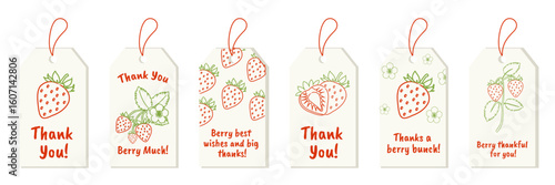 Hand drawn strawberry gift tags. Fun printable fruit themed tag collection for packaging, gifting, and stationery. Vector flat doodle illustration.