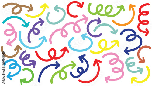 Set of cute pen line doodle element vector. Hand drawn doodle collection of arrows colorful.