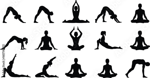 Collection of diverse yoga poses silhouette isolated on transparent background