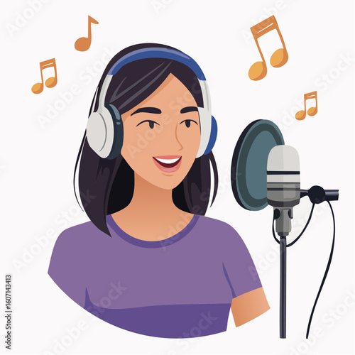 Smiling Woman Singing into Microphone with Musical Notes