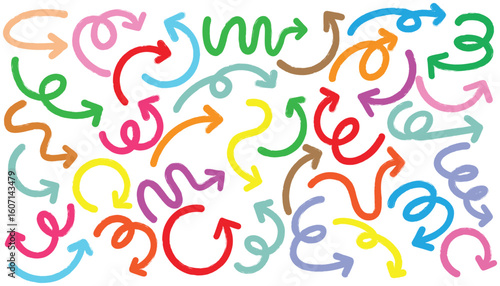 Set of cute pen line doodle element vector. Hand drawn doodle collection of arrows colorful.