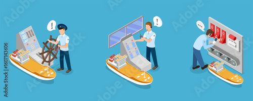 3D Isometric Flat Vector Illustration of Marine Transportation and Logistics, Abstract Sea Transport Professions.