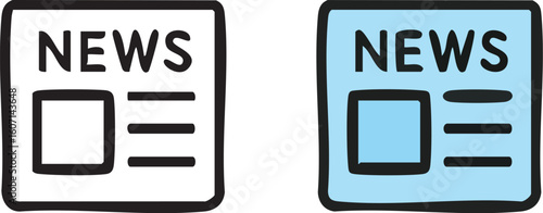 Two hand-drawn newspaper icons, one monochrome and one blue, representing news and media.