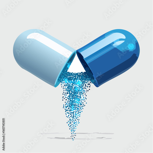 Open Capsule with Blue Granules Pouring Out Isolated
