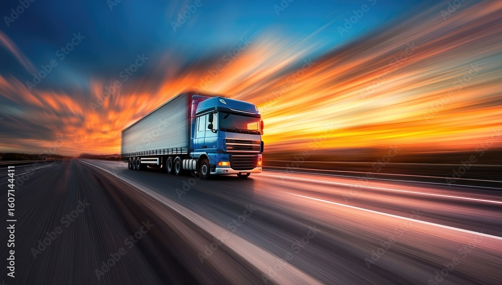 A blue truck speeds down a highway at sunset.  Motion blur creates streaks of orange and yellow light