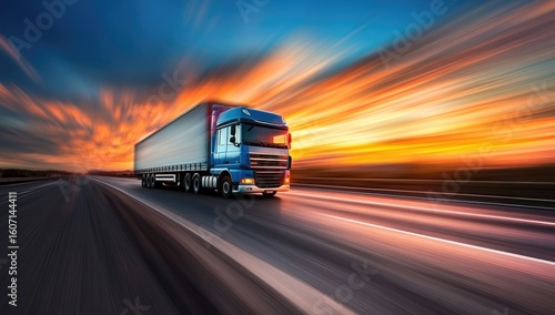 A blue truck speeds down a highway at sunset.  Motion blur creates streaks of orange and yellow light