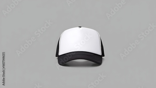 Blank white and black trucker hat with mesh back displayed on a neutral gray background