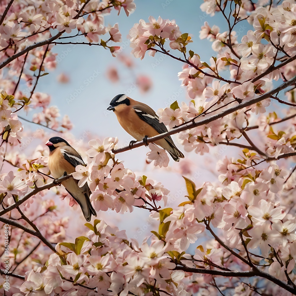 Fototapeta premium Spring Serenade Two Bullfinches Perched Among Blossoming Cherry Tree Branches Under a Soft Blue Sky