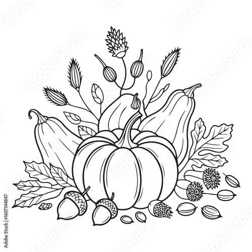 Autumn Harvest Coloring Page Featuring Pumpkin, Gourds, Acorns, and Fall Leaves – Halloween Icon for Seasonal Crafts and Kids Activities, KDP