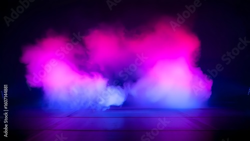 Abstract swirling smoke or gas illuminated with vibrant neon pink and electric blue light against a dark background