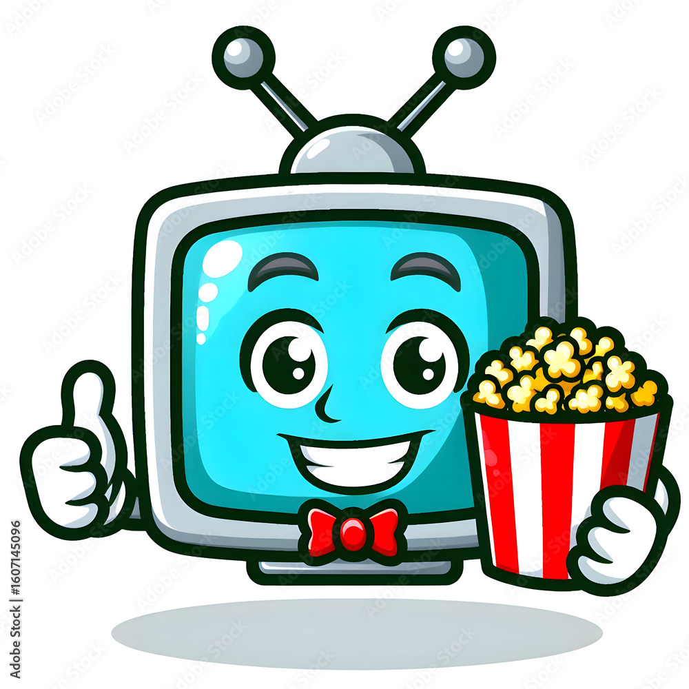 Naklejka premium A TV-shaped character with a smiling face and antennae, holding popcorn, sticker-style cartoon design, bright colors, fun vibe, white outline
