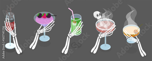 3D Isometric Flat Vector Illustration of Halloween Drinks, Collection Of Skeleton Hands Holding Spooky Halloween Coctails