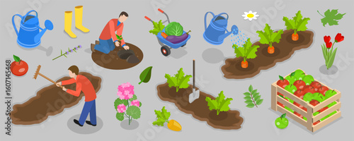 3D Isometric Flat Vector Illustration of Home Garden, Gardening Tools For Soil Preparation And Planting By People