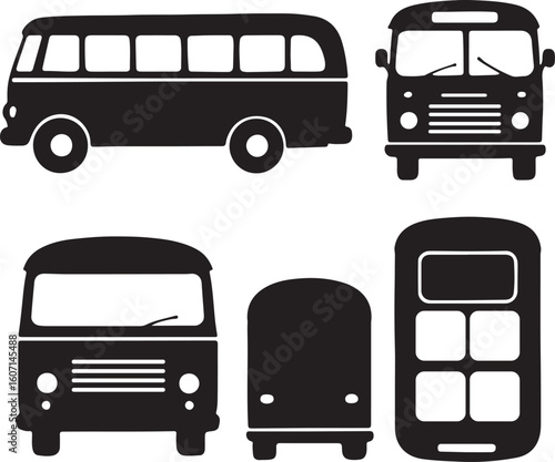 retro vintage bus silhouette icons set side, front, back, and top views vector art illustration
