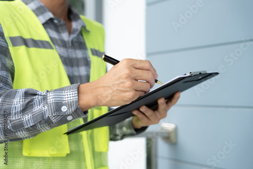 inspector or engineer is inspecting construction and quality assurance new house using a checklist. Engineers or architects or contactor work to build the house before handing it over to the homeowner