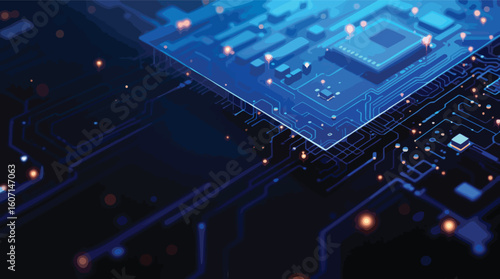 Futuristic computer circuit board illuminated blue modern technology digital design concept.