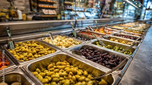 Food display with olives and other preserved goods