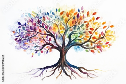 Colorful, vibrant tree with rainbow leaves, detailed roots against a white background.  Watercolor-style