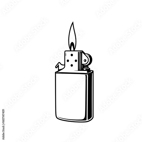 Lighter Flame: A bold line art illustration of a classic lighter with a bright flame, showcasing its simple yet striking design in monochrome.