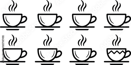 Collection of coffee cups with steam silhouette isolated on transparent background