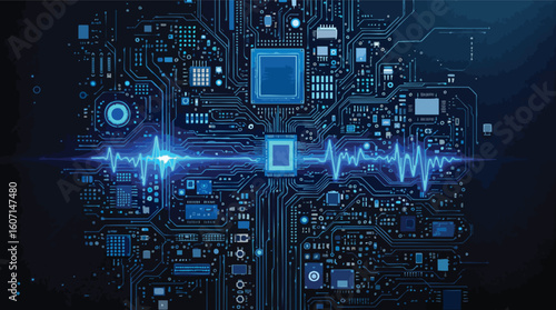 Futuristic digital circuit board design depicting technology and data processing communication.