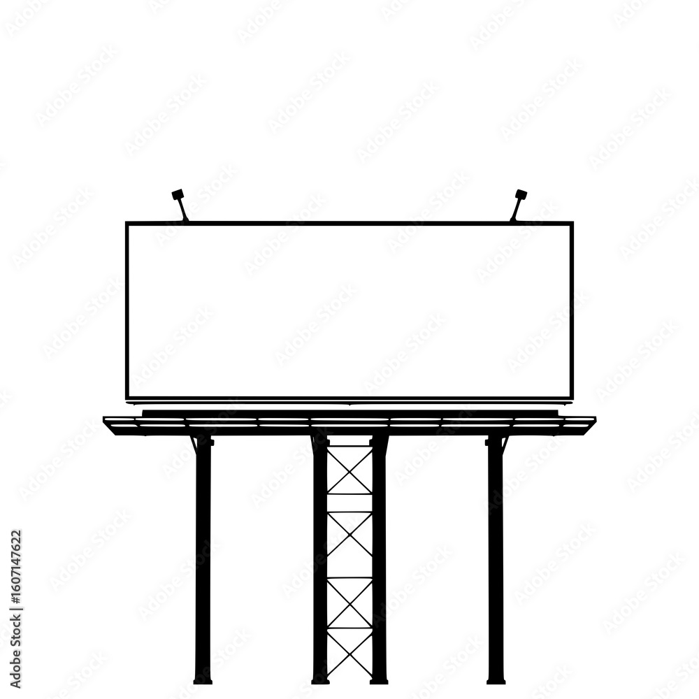 Fototapeta premium Blank Billboard Silhouette: A simple black and white vector illustration of a large, empty billboard with lights, perfect for advertising and design projects.