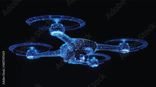 Futuristic digital representation of a drone with glowing blue geometric connections.