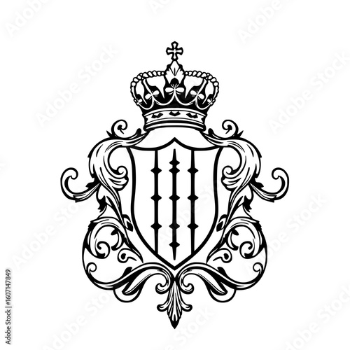Royal Crest: A regal line art illustration featuring a crowned shield with ornate flourishes, perfect for heraldic designs and luxury branding.