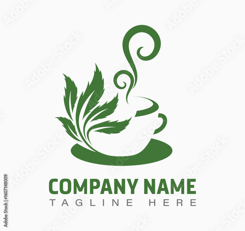 Marijuana coffee logo design template, Green leaf coffee cup illustration with swirling steam