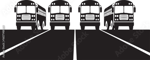 Four black school buses on a road transportation vehicle