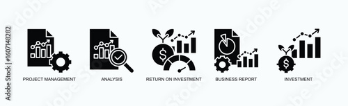 Blueprint To Success Icon Set Isolated Vector With Icon Of Project Management, Analysis, Return On Investment, Business Report, Investment In Glyph Style