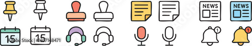 A set of office and communication icons presented in both colorful and simple outline styles, including pushpins, stamps, documents, calendars, and notification bells.