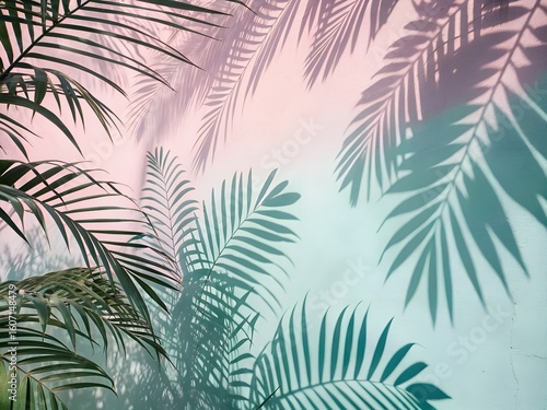 Tropical palm leaves casting shadows on a colorful wall