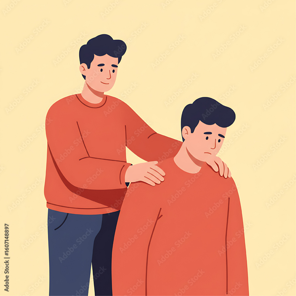 Obraz premium Two men, one comforting the other, depicting empathy and support in a warm, supportive setting.