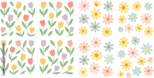 Pastel Tulips and Daisies Flower Pattern Design
