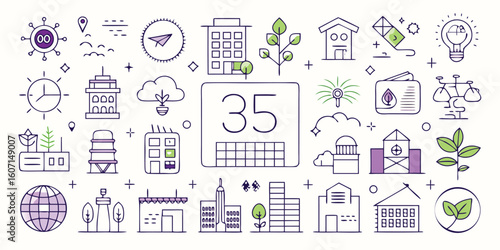 icons illustrating eco urbanism themes like renewable energy, green spaces, and eco-friendly transportation options..eps
