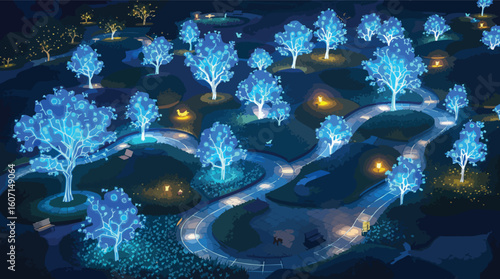 Illuminated blue trees creating a glowing futuristic landscape in a beautiful park scene.
