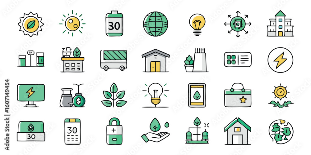 Fototapeta premium solar energy icons representing various aspects of solar power and sustainability..eps