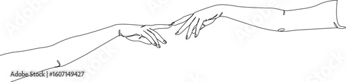 continuous single line drawing of two stretched out arms, index fingers touching, line art vector illustration