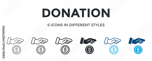Donation Icon In Different Style Vector Illustration. Designed In Thin Line, Regular Line, Bold Line, Glyph, Color Line, And Color Glyph Style Can Be Used For Web