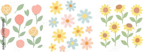 Collection of Pastel Colored Flowers and Leaves