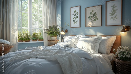 Sunlight streams into a cozy bedroom with a light blue wall, a bed dressed in white linens, and botanical prints