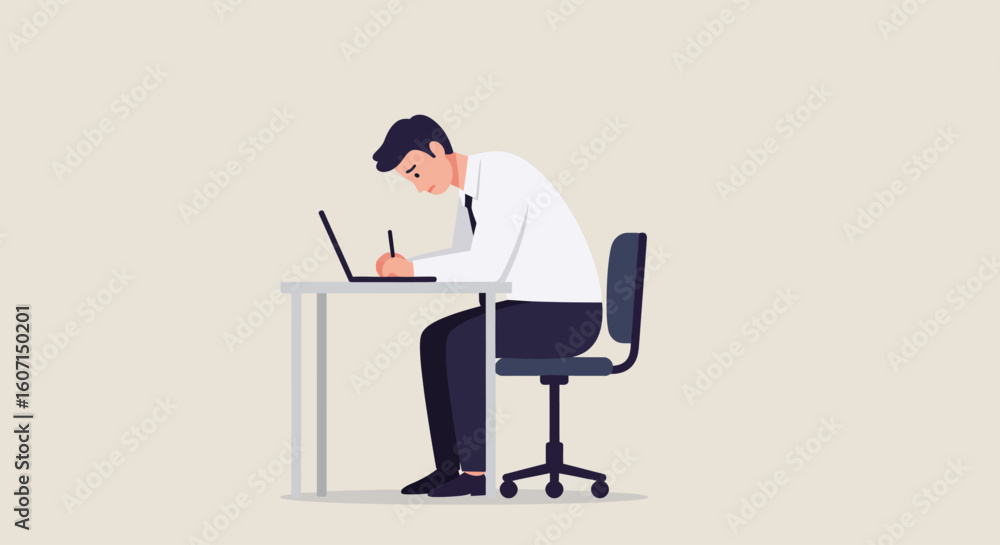 Fototapeta premium A man sitting at a desk, working on a laptop and writing in a notebook.