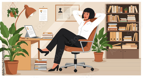 Relaxed businesswoman taking a break in her well-organized office, surrounded by books and plants.