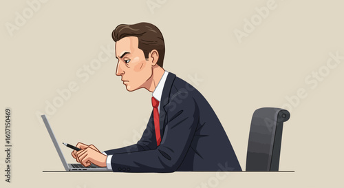 Man in suit intently working on a laptop, holding a pen, seated in an office chair.