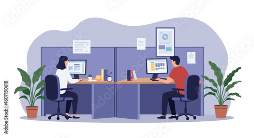 Two individuals working at their desks in a modern office environment, focused on computers.