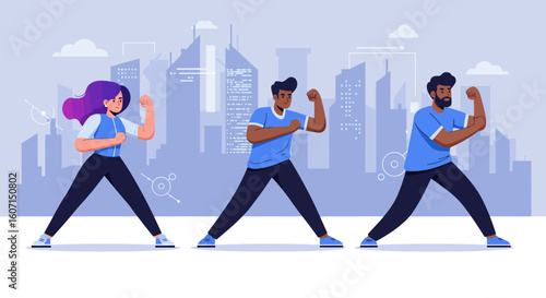 Three diverse individuals flexing their arms in a show of strength, set against a stylized cityscape backdrop.